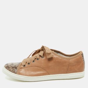 Lanvin Brown Leather and Snakeskin Cap Toe Low Top Sneakers Size 39
