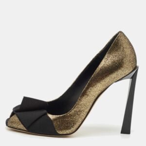 Lanvin Gold/Black Fabric and Leather Bow Peep Toe Pumps Size 36.5