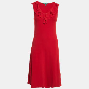 Lauren Ralph Lauren Red Cotton Blend Knit Ruffled Short Dress S