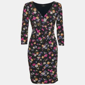 Lauren Ralph Lauren Navy Blue Floral Print Jersey Draped Mini Dress M