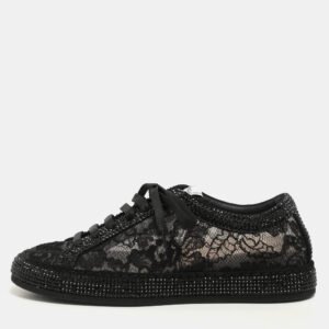 Le Silla Black Lace and Mesh Rhinestone Low Top Sneakers Size 37.5