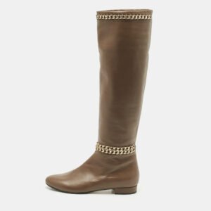 Le Silla Brown Leather Chain Detail Knee High Boots Size 37