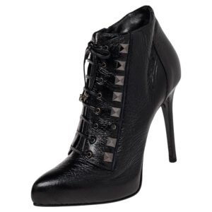 Le Silla Black Patent Leather Lace Up Studded  Ankle Booties Size 38.5