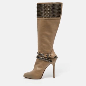 Le Silla Beige Leather Studded Platform Knee Length Boots Size 37