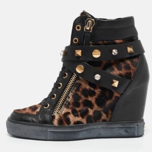 Le Silla Brown/Black Calf Leather and Leather Wedge Sneakers Size 36