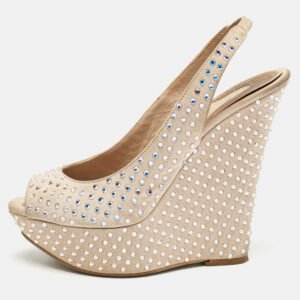 Le Silla Beige Suede Crystal Embellished Wedge Sandals Size 38