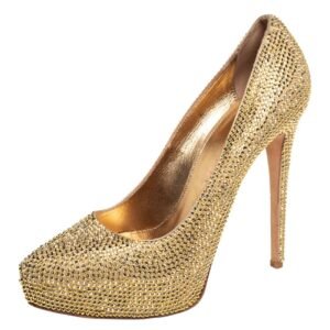 luxury-women-le-silla-used-shoes-p460538-1625027031-004 Le Silla Gold Suede Crystal Embellished Platform Pumps Size 38