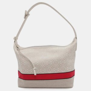 luxury-women-loewe-used-handbags-p1111217-002 Loewe Bag Beige/Red Canvas Leather Anagram Cuby Bag