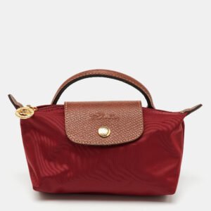 Longchamp Dark Red/Brown Nylon and Leather Le Pliage Handle Pouch