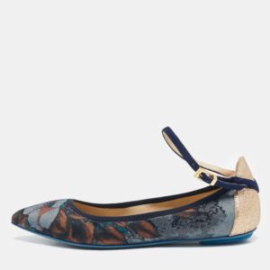 Loriblu Multicolor Floral Print Denim and Glitter Ankle Strap Ballet Flats Size 36