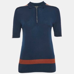 Loro Piana Navy Blue Wool Knit Zip-Up T-Shirt M