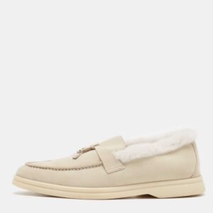 Loro Piana Grey Shearling Fur and Suede Summer Charms Walk Loafers Size 36