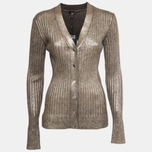 Louis Vuitton Gold Rib Knit Coated  Wool Cardigan S