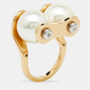 Louis Vuitton Speedy Faux Pearls Gold Tone Metal Ring Size 50