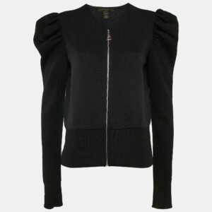 Louis Vuitton Black Wool Blend Knit Zip-Up Puff Sleeve Top L