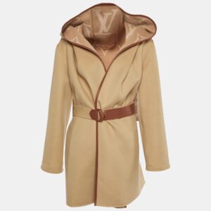 louis vuitton beige monogram wool double face hooded wrap coat m