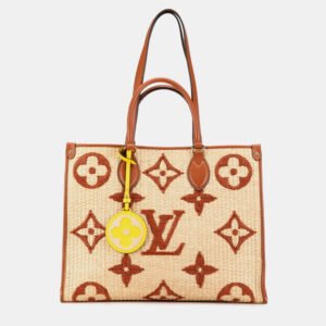 Louis Vuitton Brown/Beige Raffia Calfskin Monogram Giant Onthego GM Tote Bag
