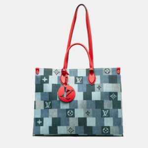 Louis Vuitton Blue Red Leather Monogram Denim OnTheGo GM Tote Bag