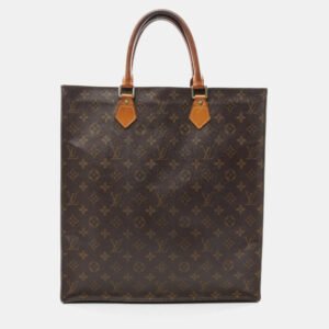 Louis Vuitton Sac Plat Hand Tote Bag Monogram Canvas Leather Brown