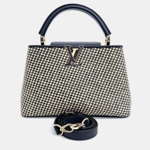 Louis Vuitton Beige Black Leather and Raffia Capucine MM bag