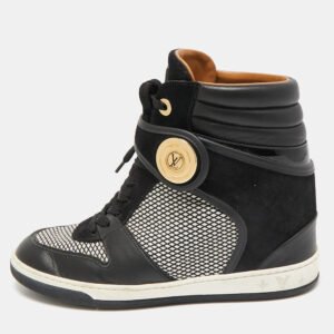 Louis Vuitton Black Leather and Fabric Postmark Wedge Sneakers Size 37.5