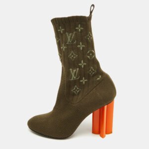 Louis Vuitton Olive Green Monogram Knit Fabric Silhouette Ankle Boots Size 36