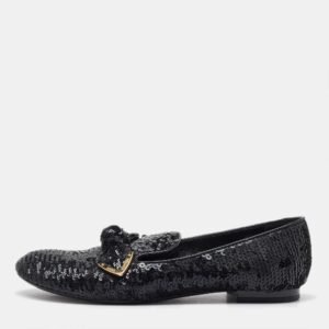 Louis Vuitton Black Sequins Amulet Bow Detail Smoking Slippers Size 37.5