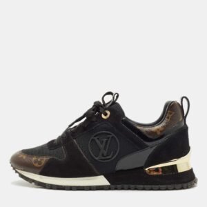 louis vuitton black mesh, suede and monogram canvas run away sneakers size 38