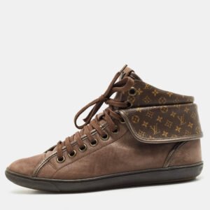 louis vuitton brown monogram canvas and suede brea mid top sneakers size 37