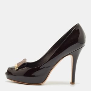 Louis Vuitton Dark Brown Patent Leather Peep Toe Platform Pumps Size 36.5