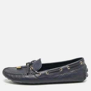 louis vuitton navy blue monogram empreinte leather gloria loafers size 38.5