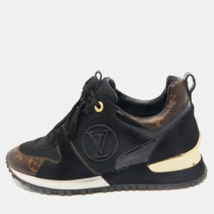 louis vuitton black/brown monogram canvas and suede run away lace up sneakers size 36
