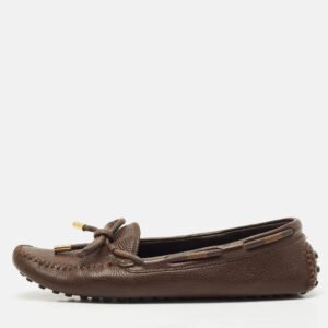 louis vuitton brown damier ebene canvas and leather arizona bow loafers size 38.5