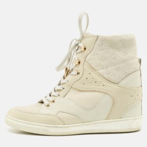 louis vuitton beige monogram suede and leather millennium wedge sneakers size 37