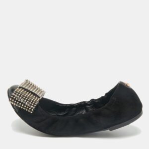 Louis Vuitton Black Suede and Patent Leather Mimi Studded Bow Scrunch Ballet Flats Size 37
