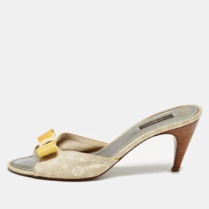 Louis Vuitton Yellow/Cream Monogram Fabric and Patent Leather Bow Slide Sandals Size 39.5