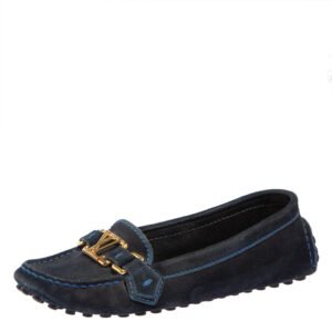 Louis Vuitton Blue Suede Logo Slip On Loafers Size 36.5