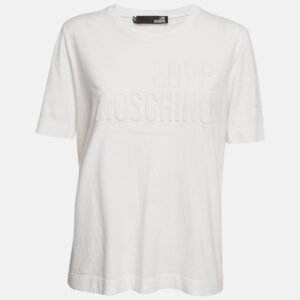 Love Moschino White Logo Embossed Cotton Crew Neck T-Shirt M