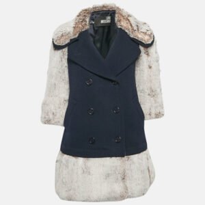 Love Moschino Navy Blue Wool Faux Fur Detail Double Breasted Coat S