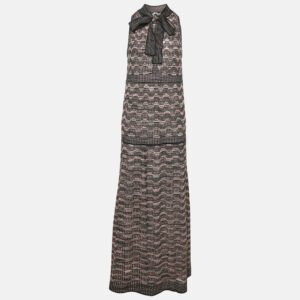 M Missoni Multicolor Pinhole Patterned Lurex Knit Tie-Up Neck Maxi Dress M