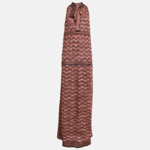 M Missoni Multicolor Patterned Lurex Knit Tie-Up Neck Detail Maxi Dress M