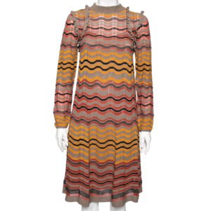 M Missoni Multicolor Wave Perforated Pattern Knit Ruffle Detailed Midi Dress S