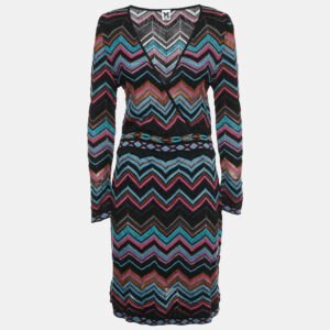 M Missoni  Multicolor Chevron Pattern Knit V-Neck Short Dress L