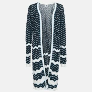 M Missoni Black/Blue Chevron Pattern Knit Open Front Long Cardigan M