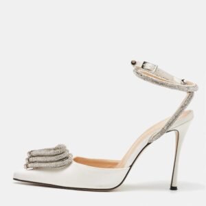 Mach & Mach White Satin Crystal Embellished Triple Heart Ankle Wrap Pumps&nbsp;Size 39