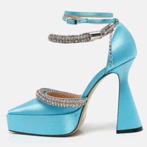 Mach & Mach Blue Satin Double Bow Crystal Embellished Platform Pumps Size 38