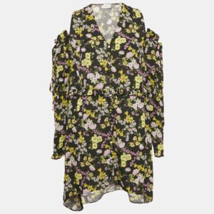 Magda Butrym Black Floral Print Silk Cold-Shoulder Short Dress S