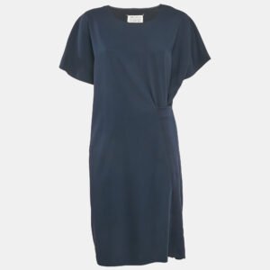 Maison Martin Margiela Navy Blue Rib Knit Trim Crepe Short Dress L