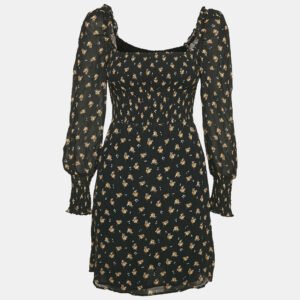 Maje Black Floral Print Crepe Smocking Detail Mini Dress M