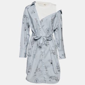 Maje Blue Striped Printed Cotton & Knit Off Shoulder Belted Shirt Dress M